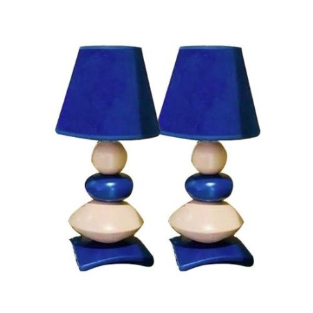 Lot de 2 Lampes de chevet - Céramique - 3 Galets - Bleu et Blanc - 40 cm 