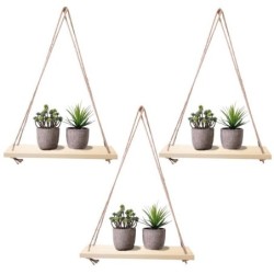 DJO Lot de 3 Etageres murales suspendues en bois naturelle avec corde 