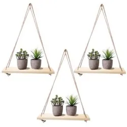 DJO Lot de 3 Etageres murales suspendues en bois naturelle avec corde 