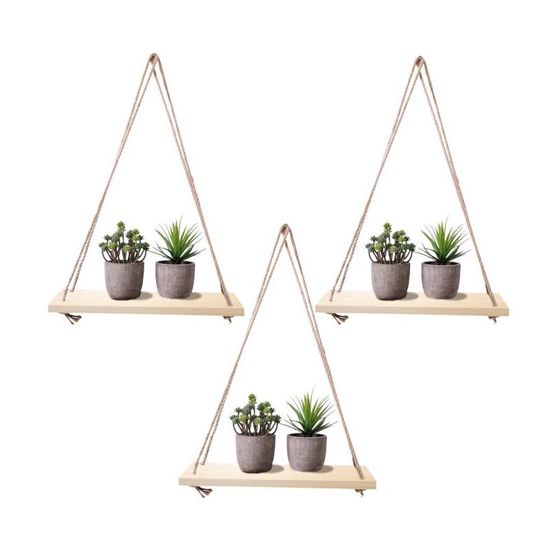 DJO Lot de 3 Etageres murales suspendues en bois naturelle avec corde 