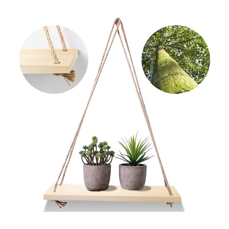 DJO Etagere murale suspendue en bois Naturelle avec corde 