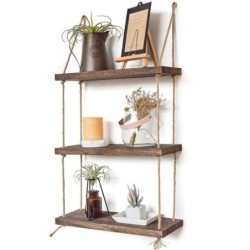 DJO Triple Etagere murale suspendue en bois rustique avec corde - Marron 