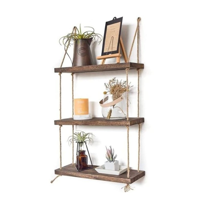 DJO Triple Etagere murale suspendue en bois rustique avec corde - Marron 