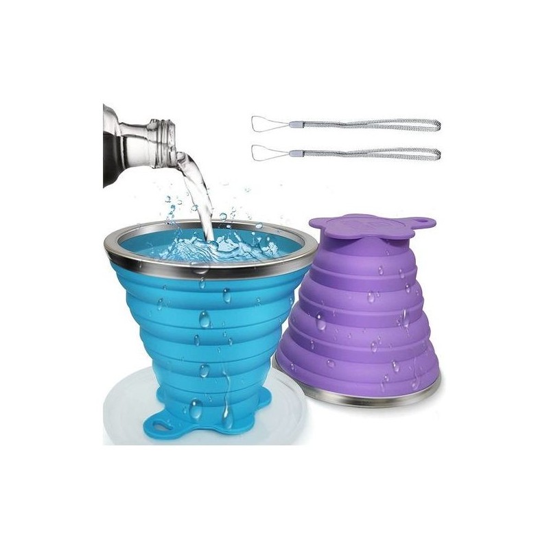 Generic Lot de 2 Tasse à café télescopique pliable en Silicone BLEU & MAUVE 