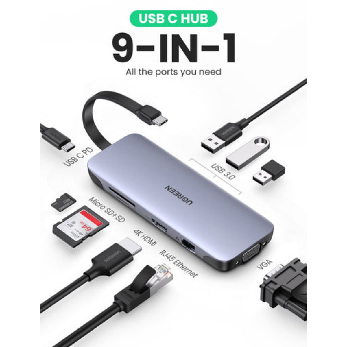Adaptateur USB C 9-en-1  Charge rapide PD 100W en Tunisie